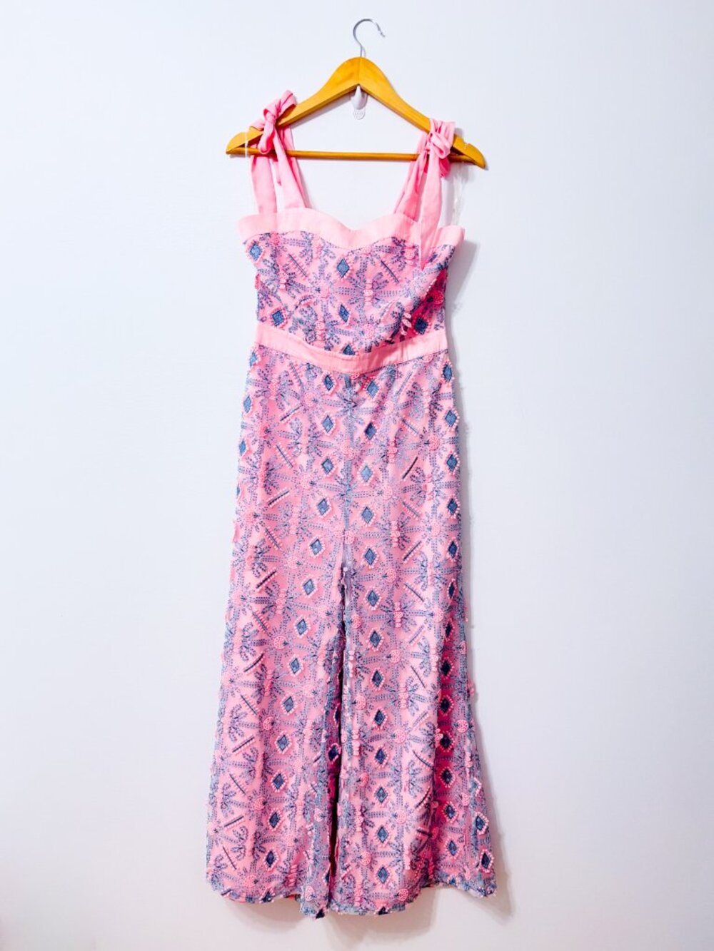 GLAMOROUS Pink Blue Embroidered Floral Wide Leg Jumpsuit Tie Strap Size 6